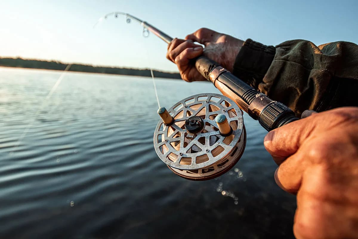 Hands of a man in a Urp plan hold a fishing rod, a fisherman catches fish at dawn. Fishing hobby vacation concept. Copy space.