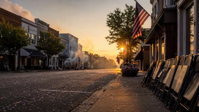 Quiet small-town Main Street at sunrise the morning after Independence Day