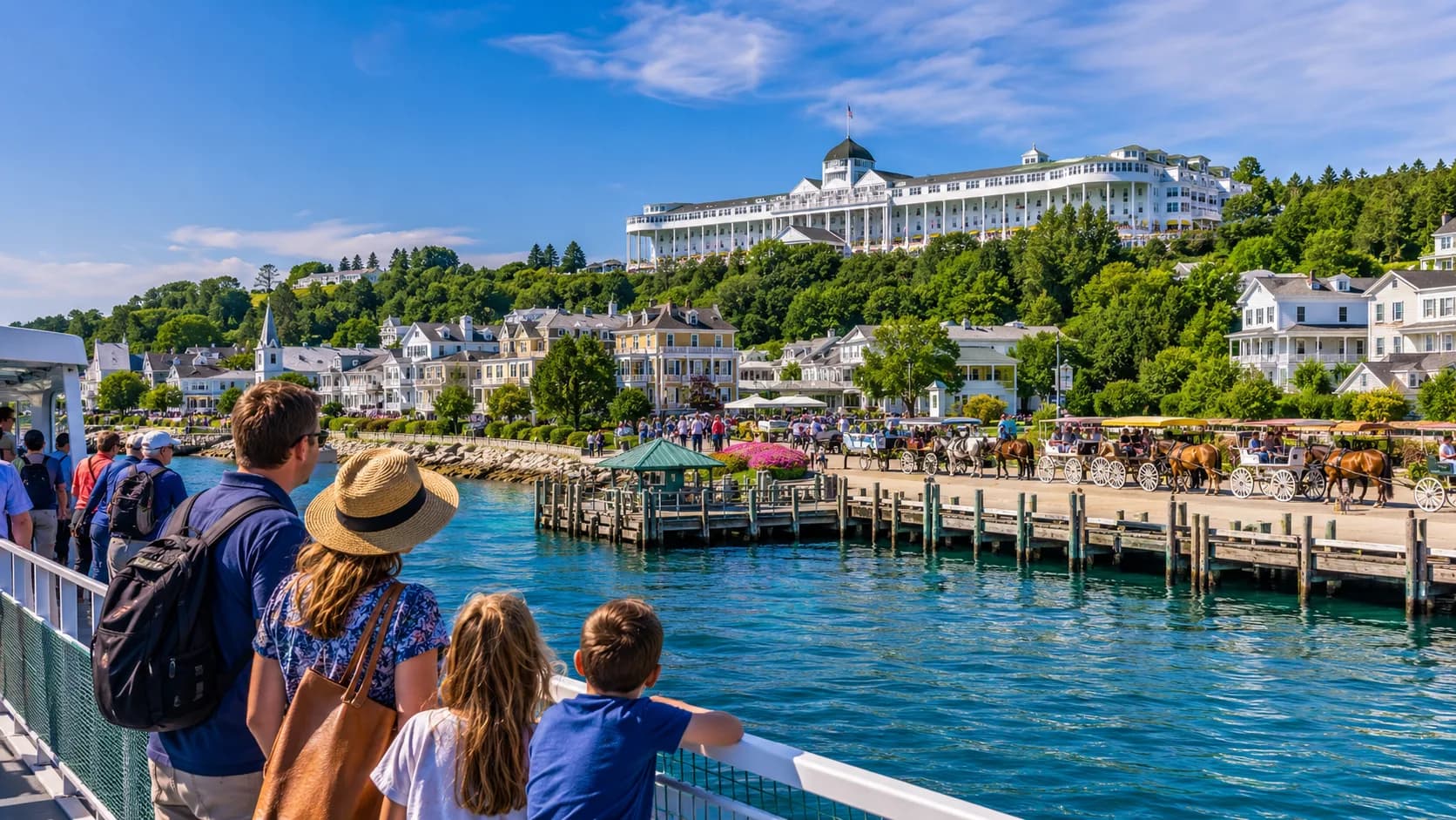 A ferry approaching Mackinac Island with the Grand Hotel overlooking the harbor