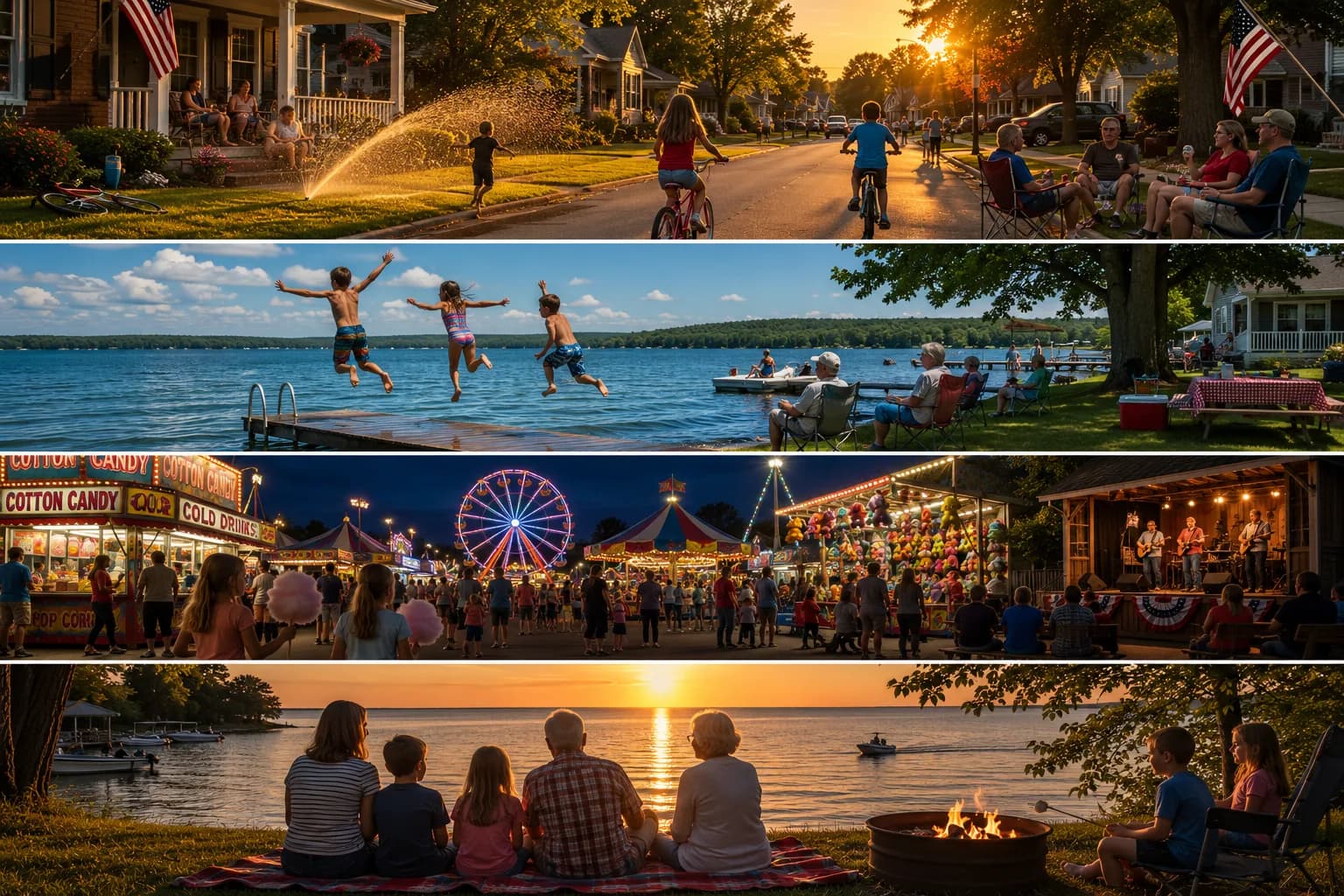 A warm Midwest summer evening with bikes, porches, and golden light