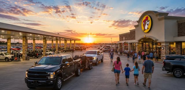 Travelers arriving at a large Buc-ee's travel center along a Texas highway