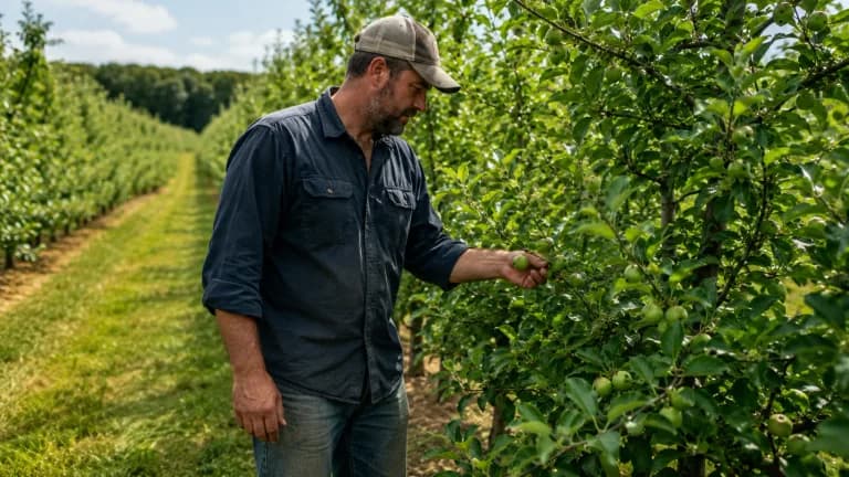 Michigan apple grower inspecting small green apples in a summer orchard