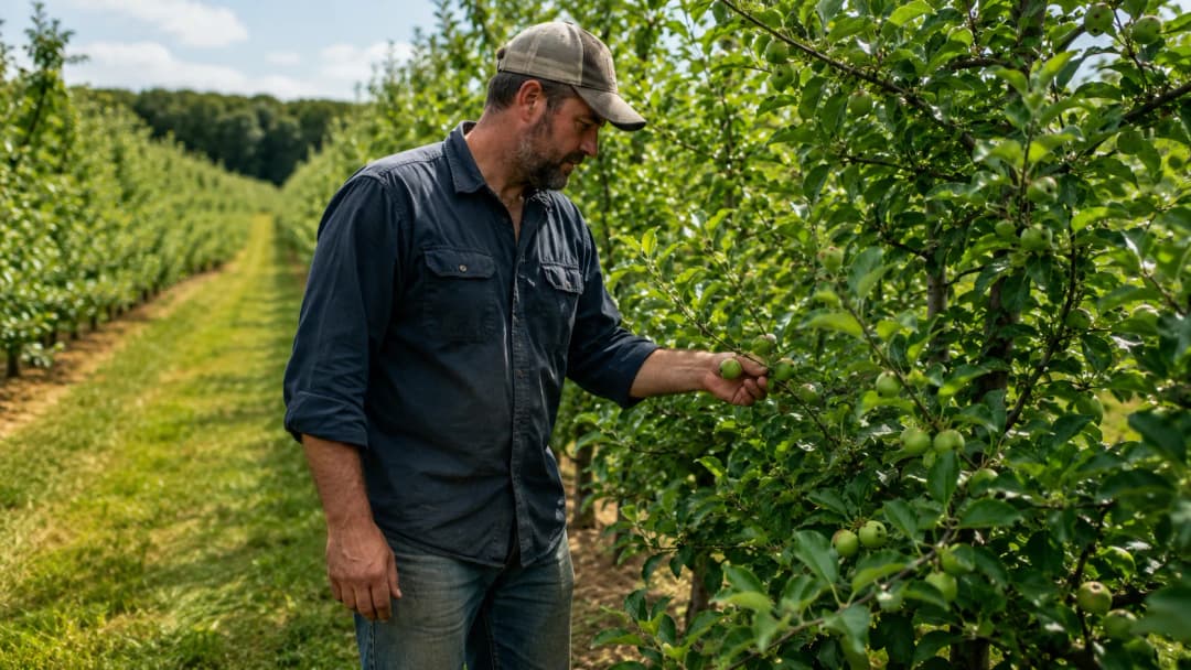 Michigan apple grower inspecting small green apples in a summer orchard