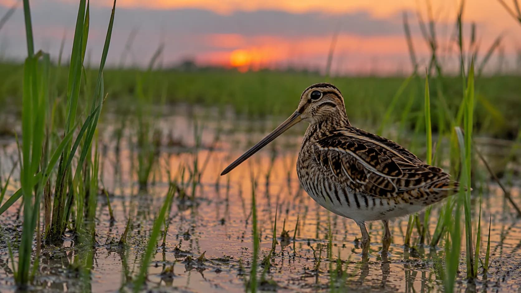 A Wilson’s snipe blending into a wet meadow at dusk