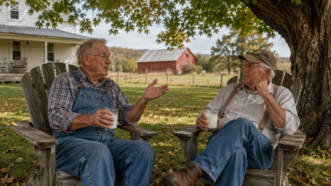 Two friends talking politics under a maple tree in a quiet yard