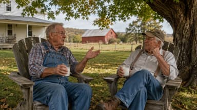Two friends talking politics under a maple tree in a quiet yard