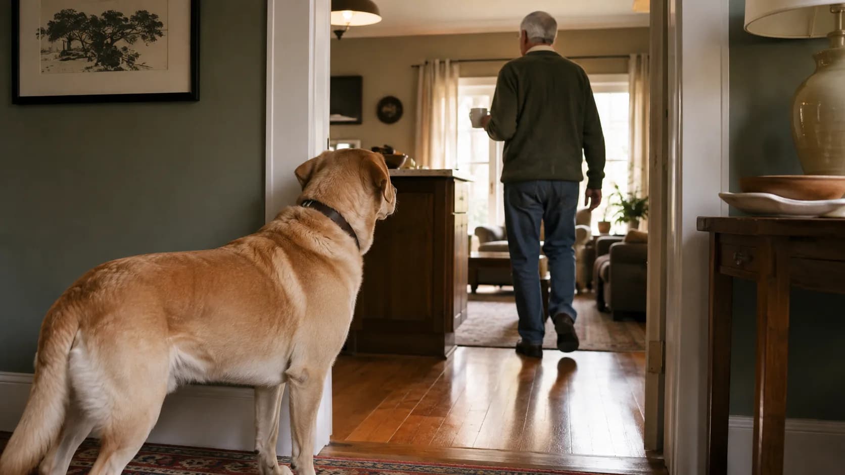 A yellow Labrador watches from a doorway as its owner walks into the next room