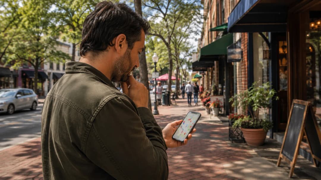 A man on a brick main street studies a smartphone map with location pins
