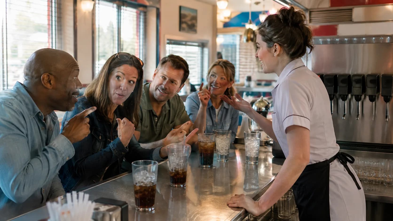 Friends talk with a server at a diner counter over glasses of soda