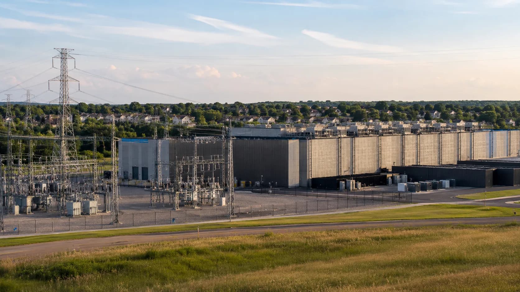 A large data center beside an electrical substation with transmission lines and nearby suburban homes
