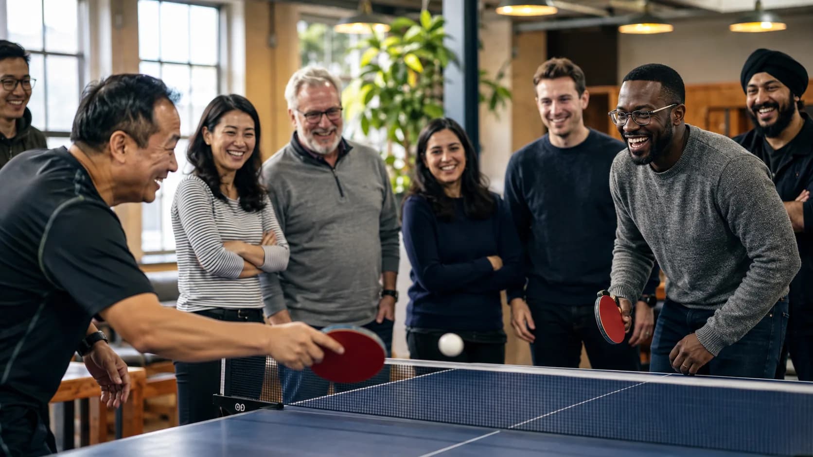 A diverse group of people laughs around a ping-pong table in a bright community space
