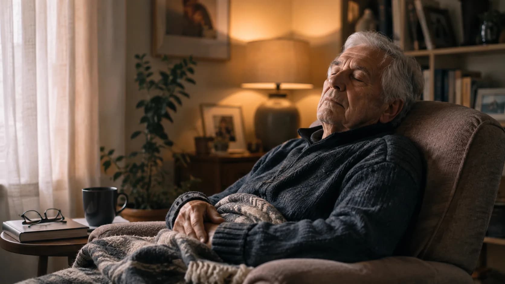 An older adult rests peacefully in a recliner under a blanket in a quiet living room
