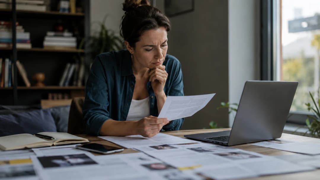 A woman carefully reviews printed articles at a desk beside an open laptop