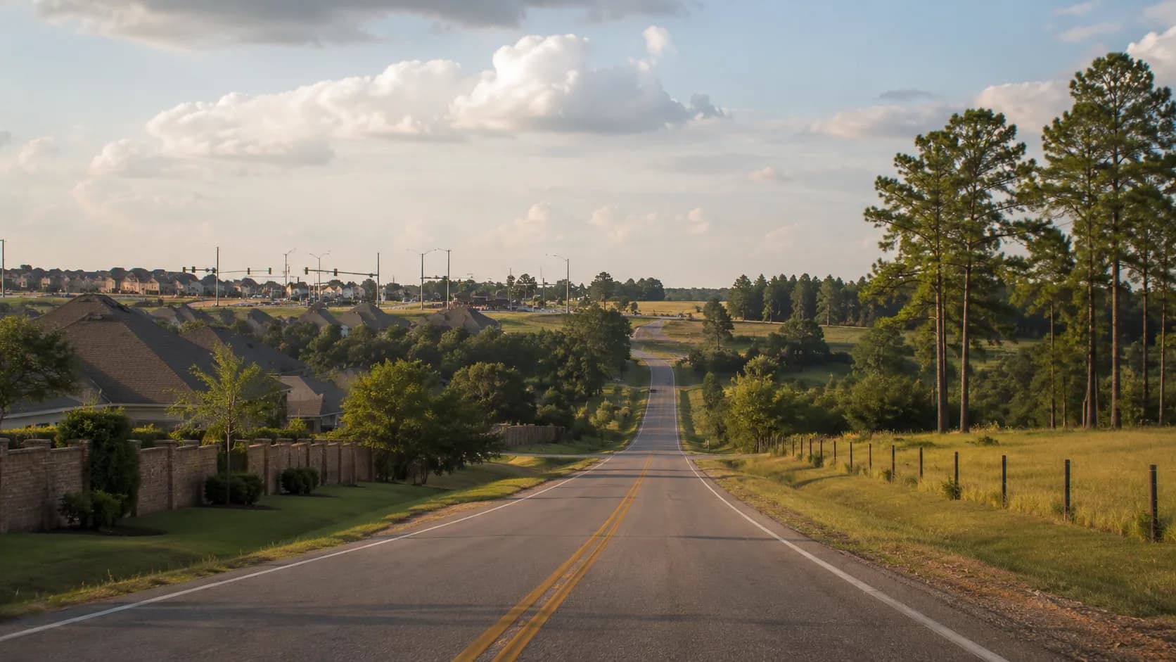 Rural East Texas road and open land beyond Montgomery County suburbs