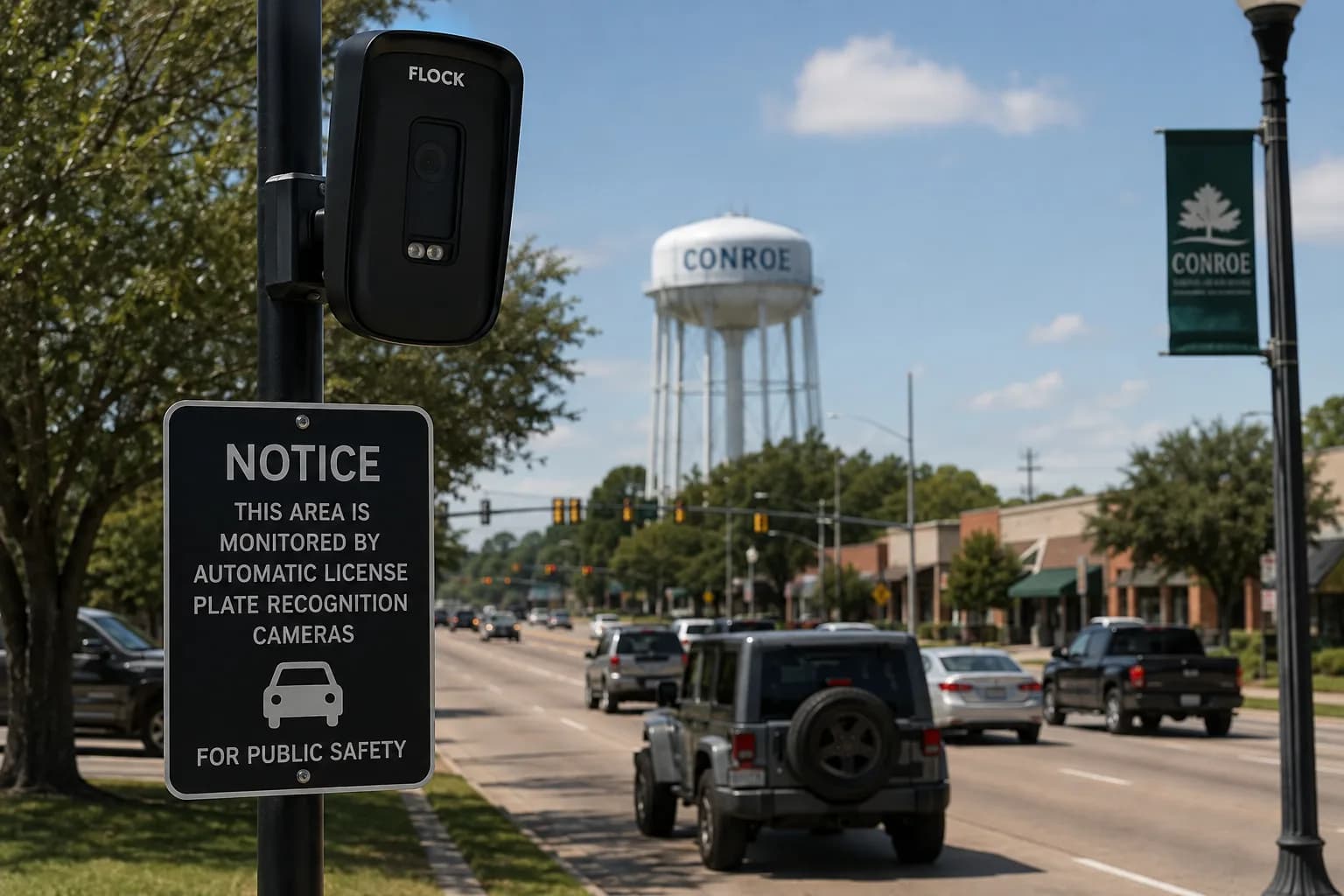Automated license plate reader camera mounted along a Conroe roadway