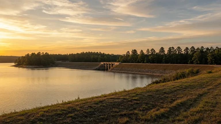 Lake Conroe at sunset from the dam, with pines along the shoreline