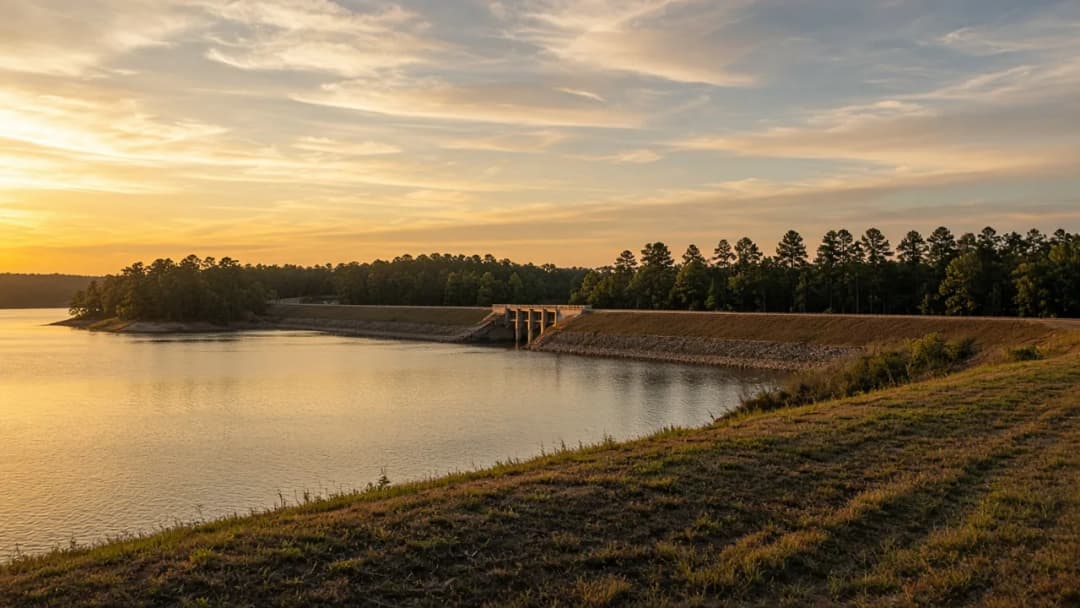 Lake Conroe at sunset from the dam, with pines along the shoreline
