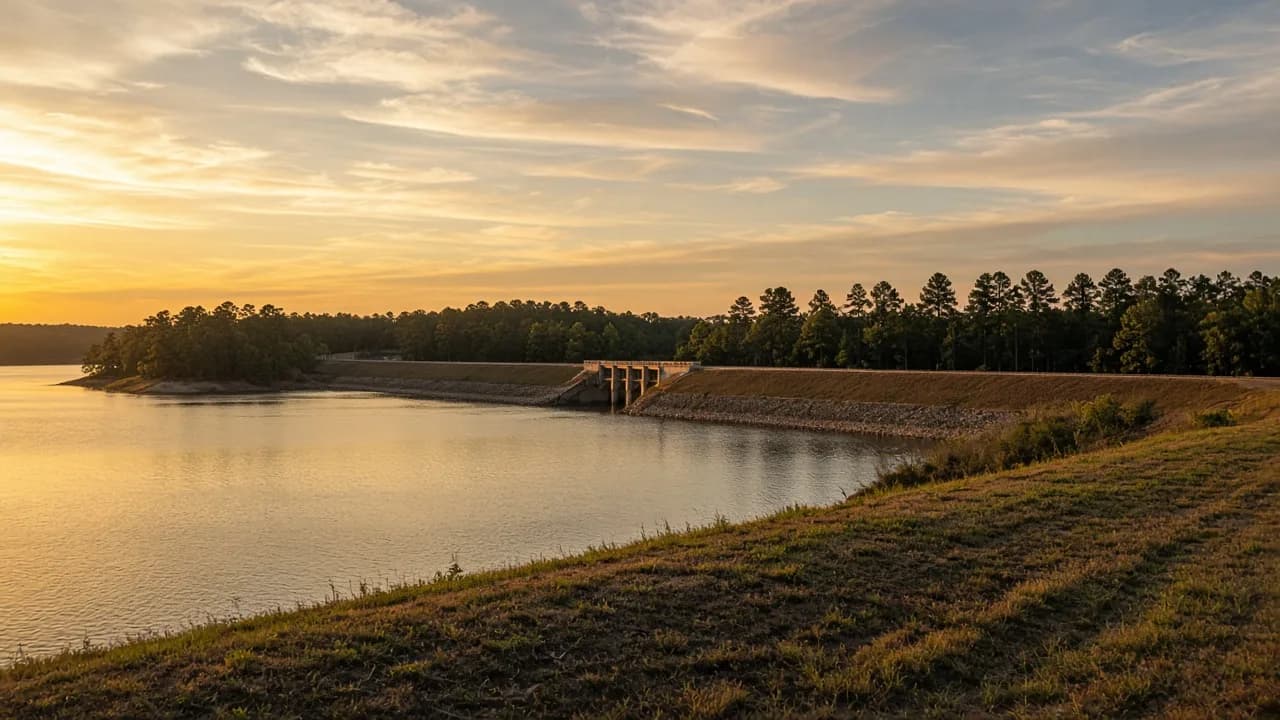 Lake Conroe at sunset from the dam, with pines along the shoreline