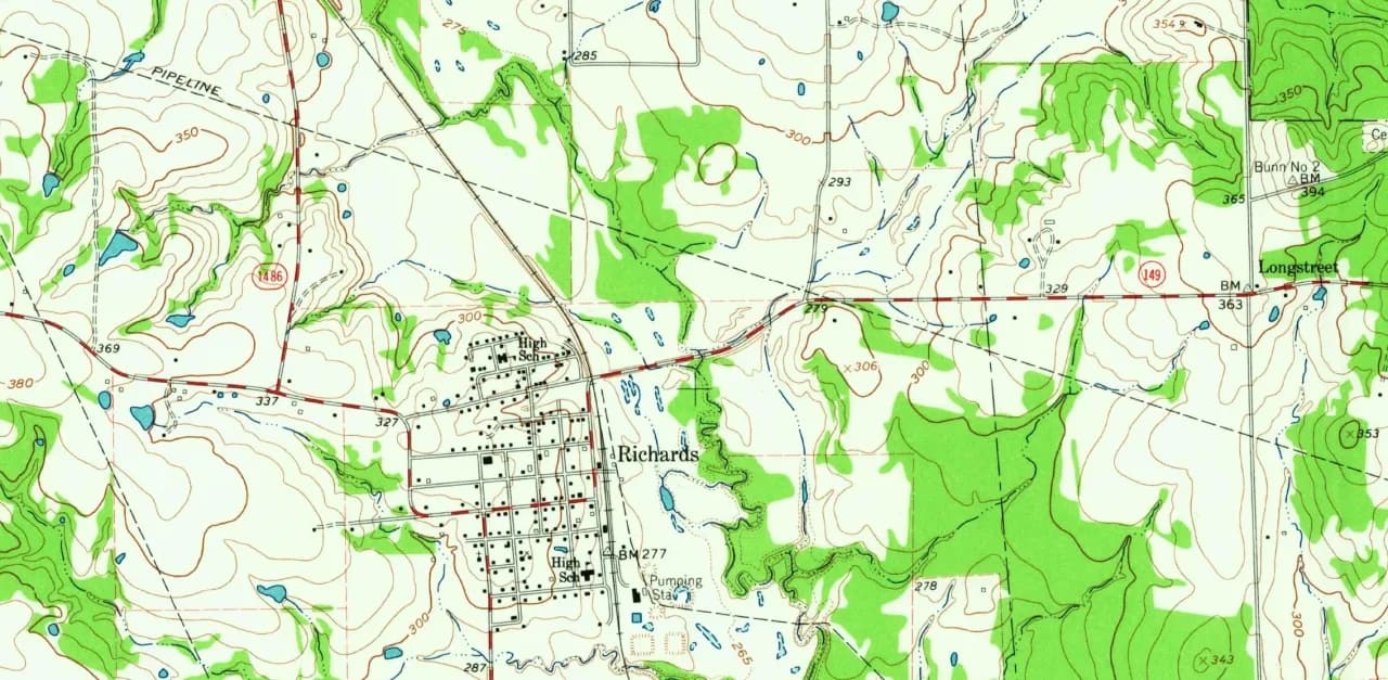 1962 USGS map of Richards, Texas, showing the street grid, the railroad, and Longstreet to the east