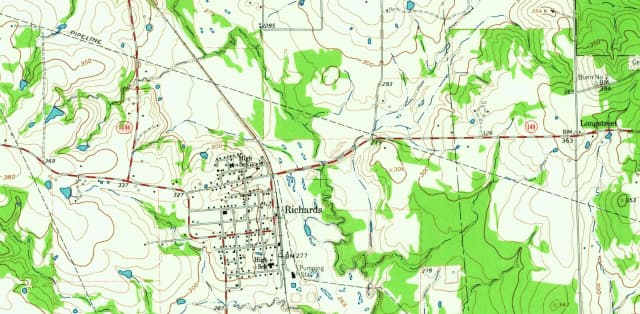 1962 USGS map of Richards, Texas, showing the street grid, the railroad, and Longstreet to the east