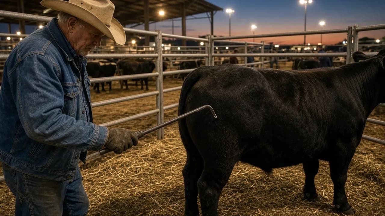 Rancher with cattle in an expo arena at dusk