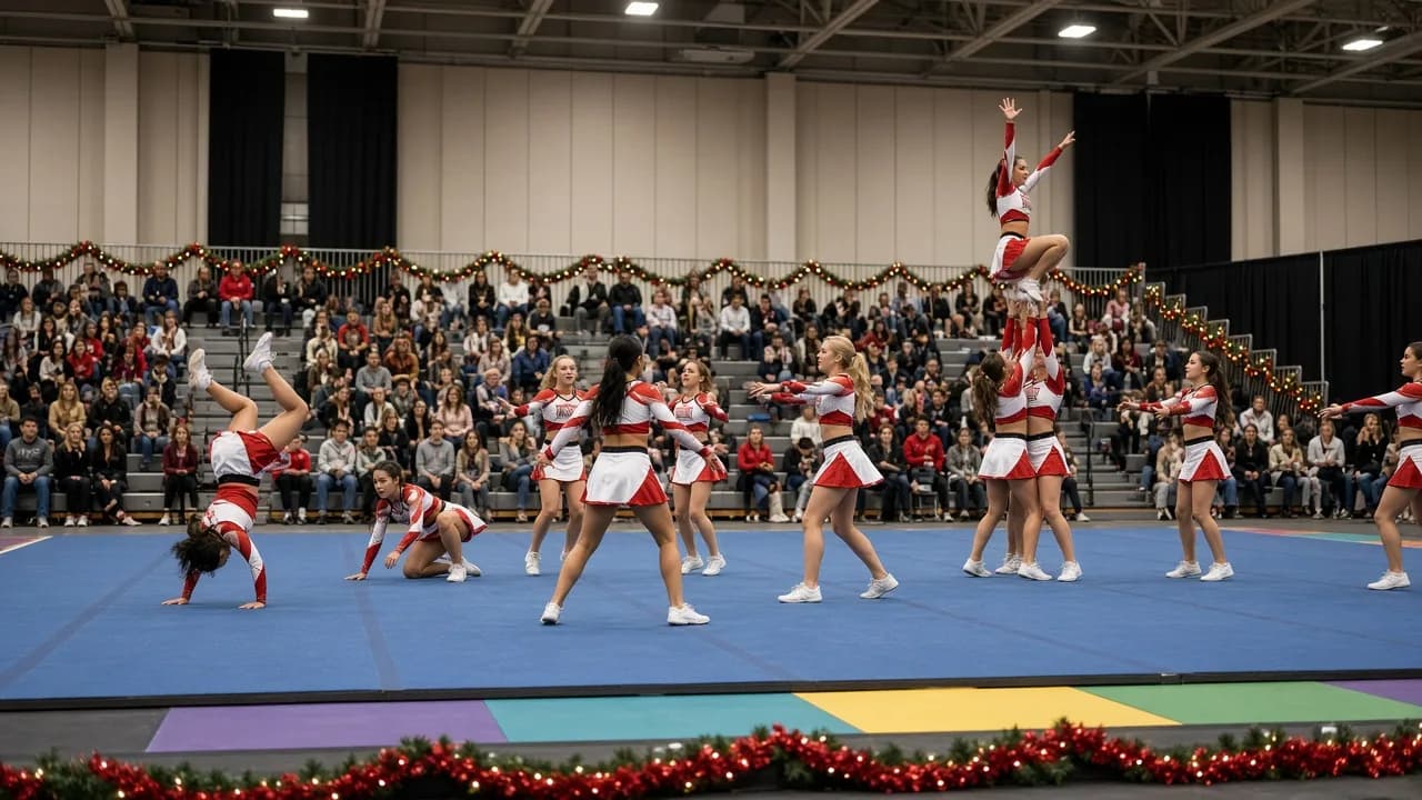 Cheer routine in a convention center with holiday garland