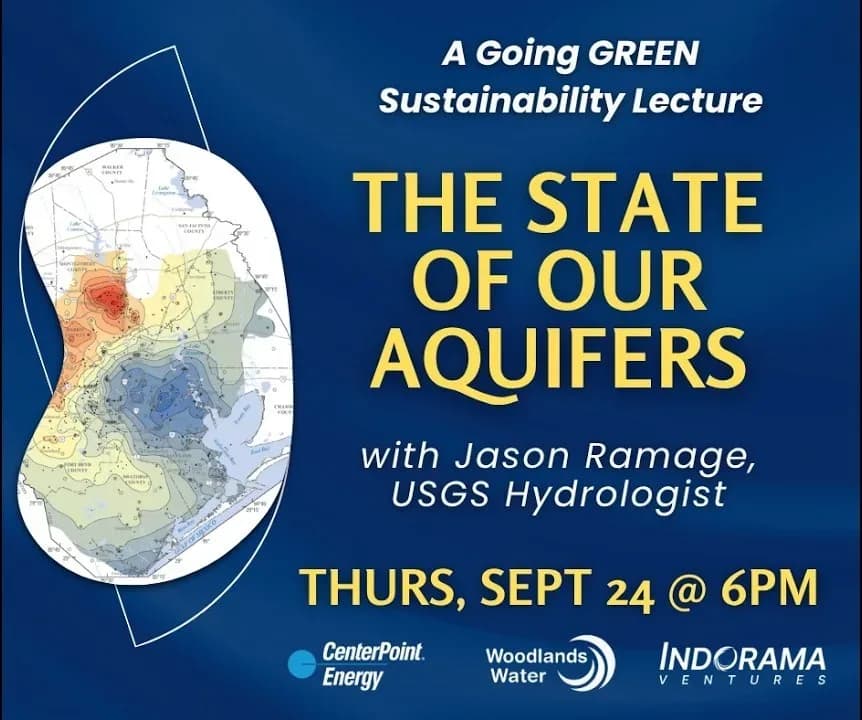 The State of Our Aquifers lecture graphic, with a Houston-region groundwater map and Jason Ramage of the USGS