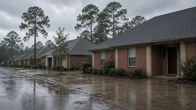 Wet roofs and driveways in a pine-lined Houston suburb after overnight rain
