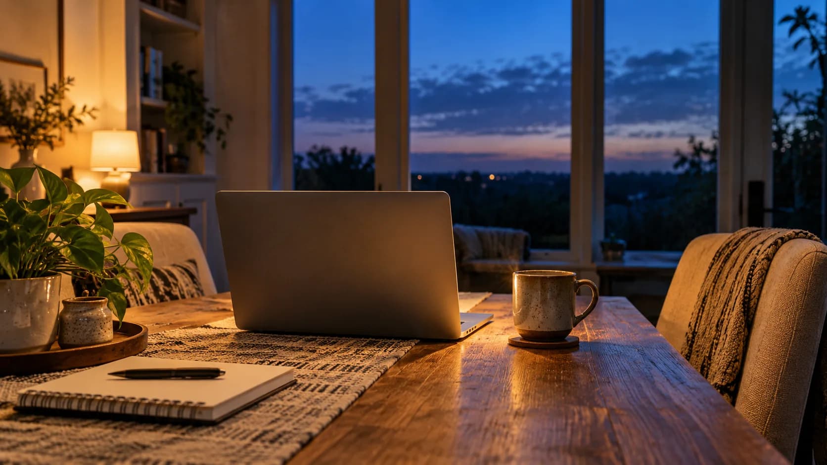 An unbranded laptop and coffee mug sit between two chairs at a warm predawn home workspace.
