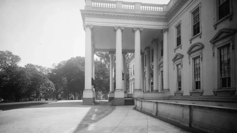Historic black-and-white photograph of the North Portico of the White House