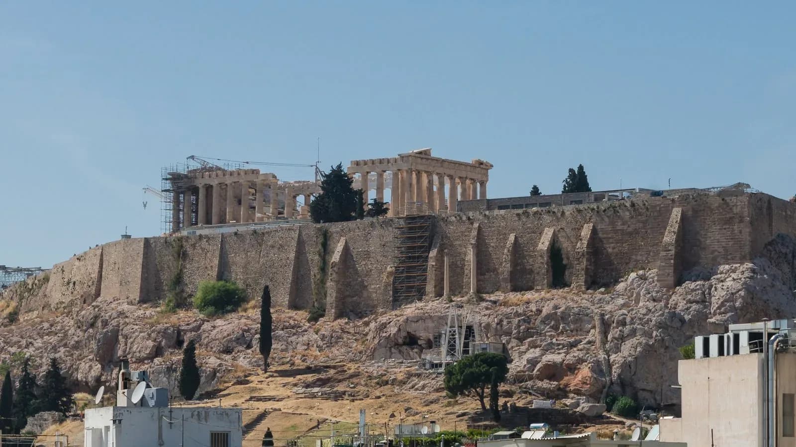The Acropolis and Parthenon on a hill above Athens, Greece