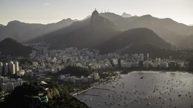Botafogo Bay and Corcovado mountain with Christ the Redeemer in Rio de Janeiro