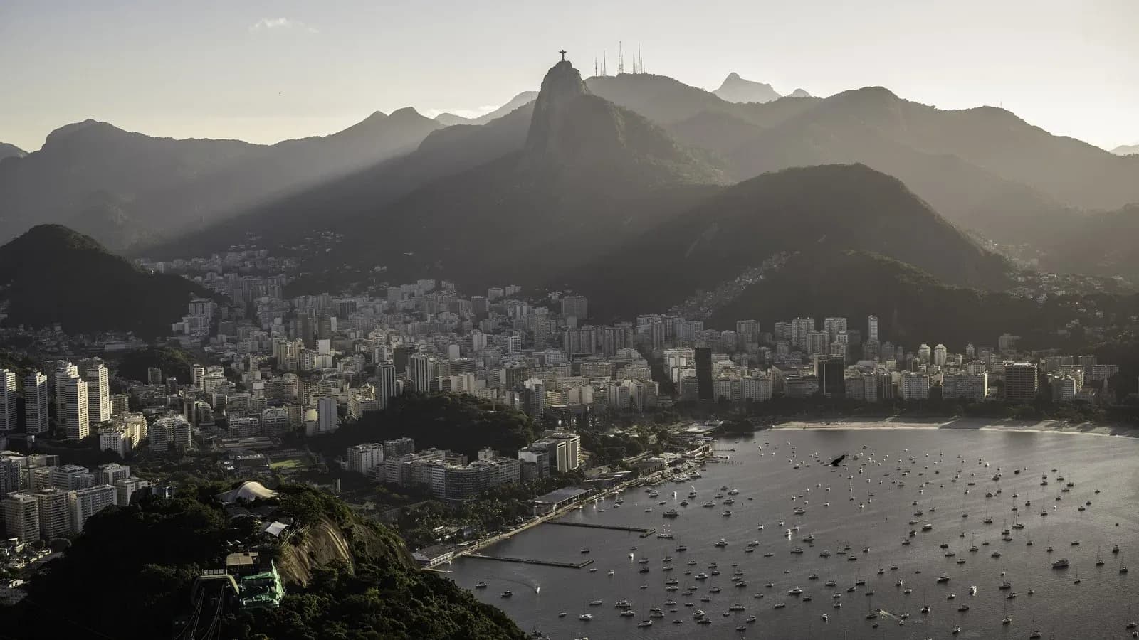 Botafogo Bay and Corcovado mountain with Christ the Redeemer in Rio de Janeiro