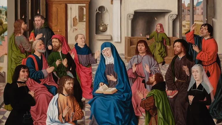 A 15th-century Flemish painting of the apostles and Mary gathered as tongues of fire descend at Pentecost