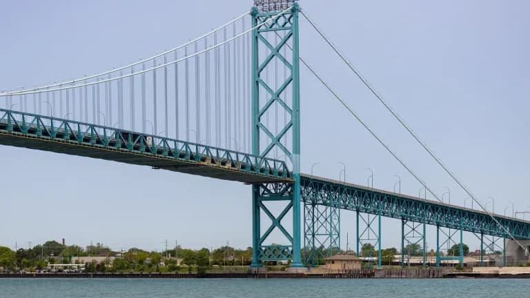 The Ambassador Bridge spanning the Detroit River between Windsor and Detroit