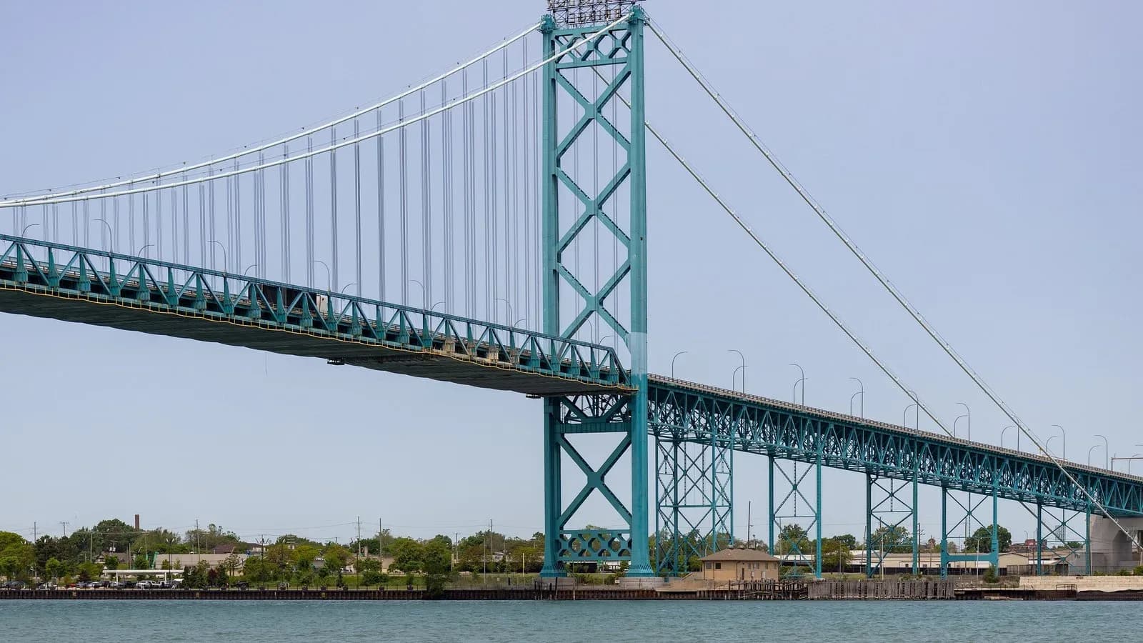 The Ambassador Bridge spanning the Detroit River between Windsor and Detroit
