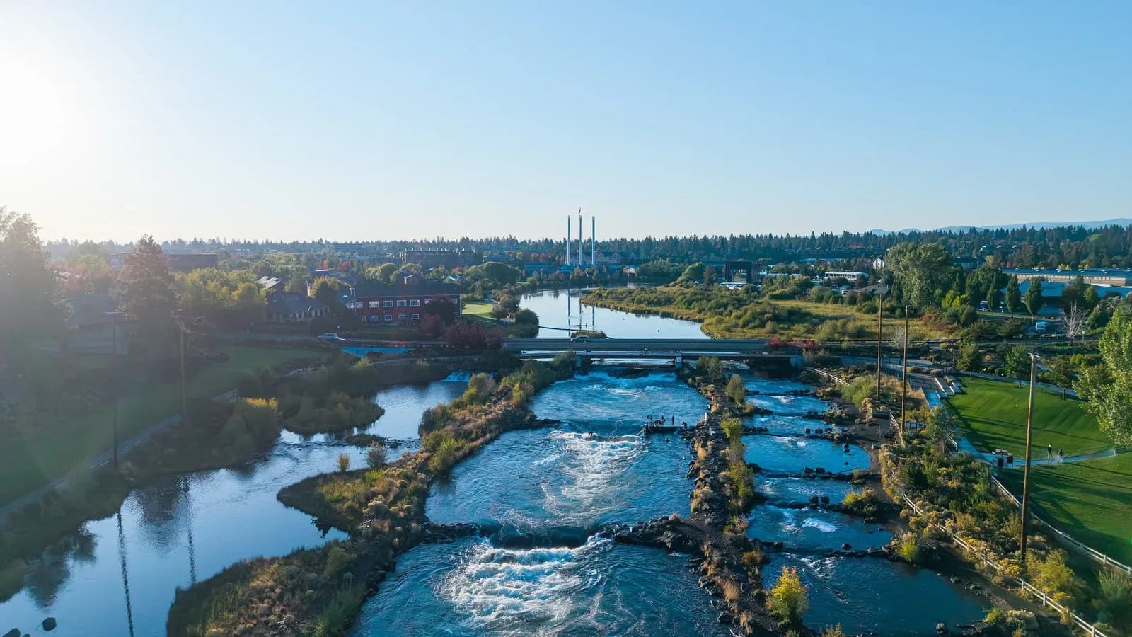 Aerial view of the Deschutes River flowing through Bend, Oregon