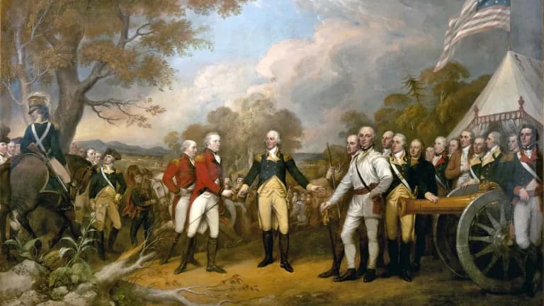 Painting of British General John Burgoyne offering his sword to American General Horatio Gates before a tent and a crowd of officers