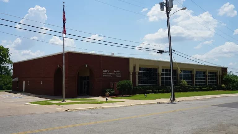 Sherman City Hall, a long low brick and glass building with a flagpole out front