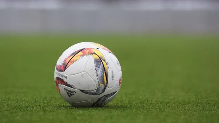 A white soccer ball resting on a green grass field