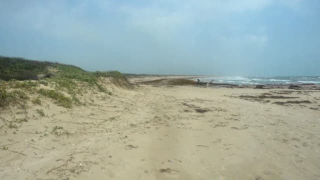 A wide sandy beach with grassy dunes on the left and Gulf waves breaking under a hazy sky