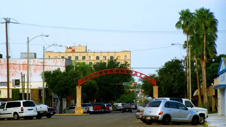 A red arch over Jackson Street in downtown Harlingen with palm trees and parked cars