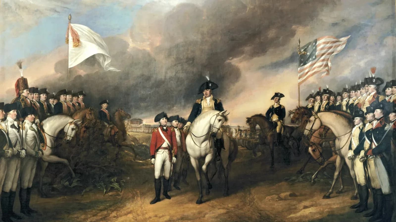 Painting of British officers on foot between lines of French and American troops, with mounted officers, a white French flag and an American flag under a smoky sky