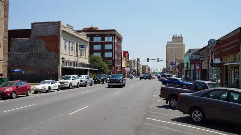 Lee Street in downtown Greenville with brick storefronts and parked cars under a clear sky