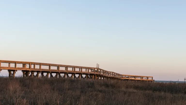 A wooden boardwalk crossing the marsh at Sea Rim State Park at dusk