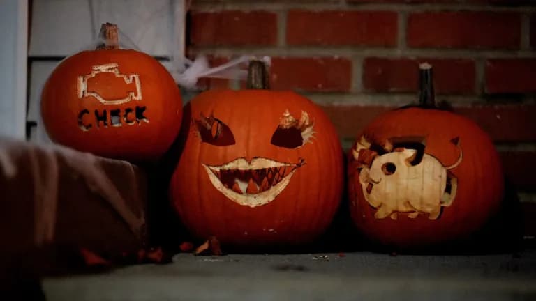 Three carved jack-o'-lanterns sitting on a porch beside a brick wall at dusk