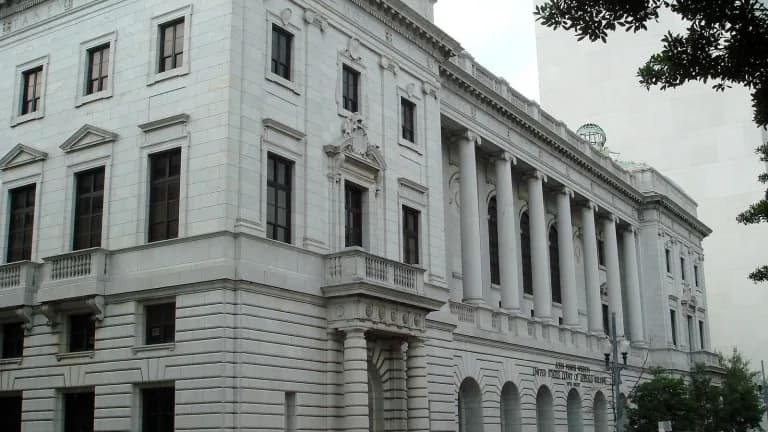 The columned stone front of the John Minor Wisdom U.S. Courthouse in New Orleans