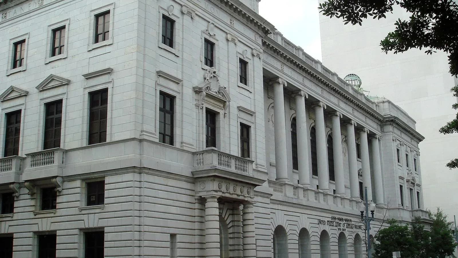 The columned stone front of the John Minor Wisdom U.S. Courthouse in New Orleans