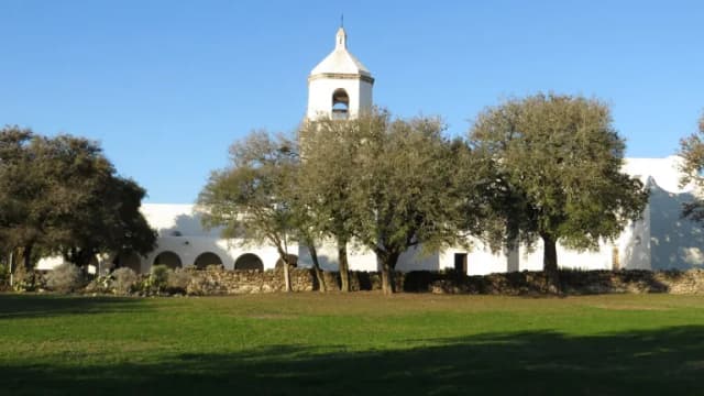 The whitewashed Mission Espíritu Santo church and bell tower behind live oaks in Goliad, Texas