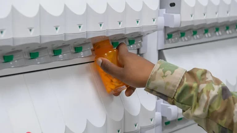 A uniformed pharmacy worker holds an orange prescription bottle of tablets at an automated dispensing machine